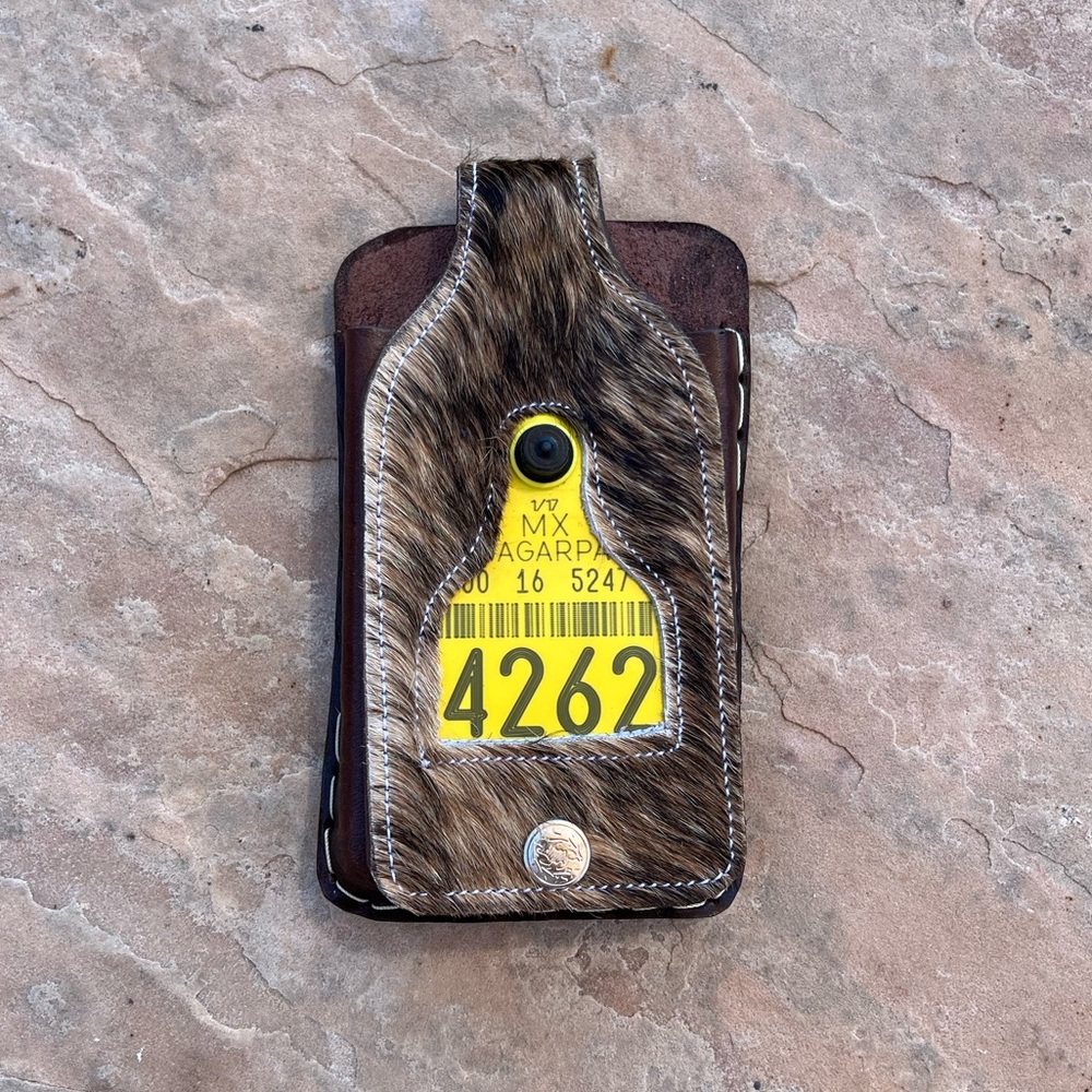 Handmade Artisan Mexican Cattle Auction Tag Cow Hide Phone Belt Loop Holder Case